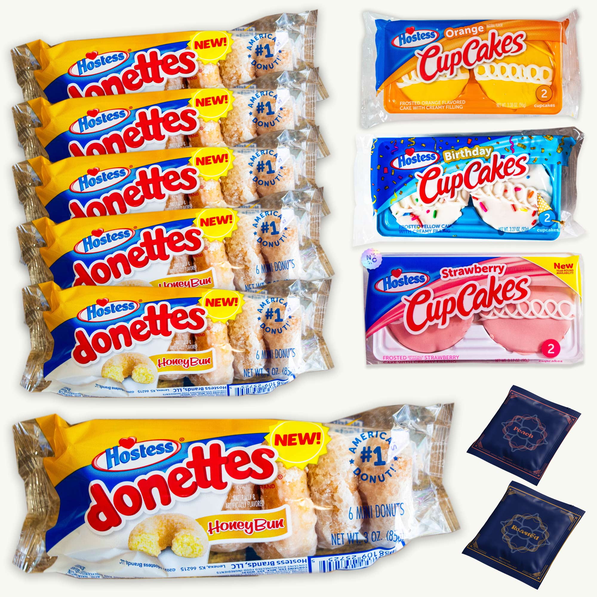 Hostess Honey Buns Donettes (36 mini donuts) - Strawberry, Birthday, Orange Cupcakes (6 cupcakes) - Organic Roasted, Peach Yerba Mate Tea bags (2 tea bags) - 11 Items
