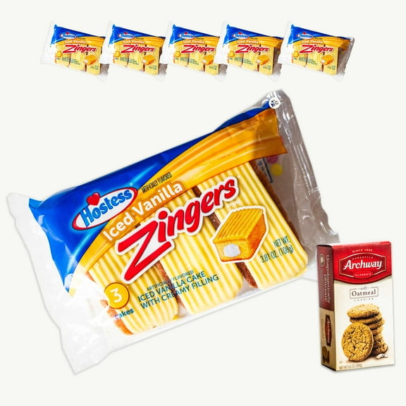 Hostess Iced Vanilla Zingers Single Serve (6, 3pks) - Oatmeal Soft Cookies (1, 9.5oz) - Gourmet Snack Bundle - 7 Items