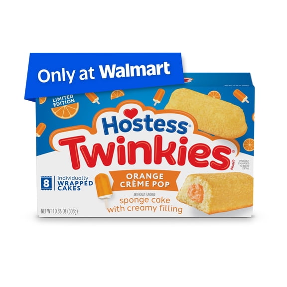 Hostess Twinkies, Golden Sponge Cakes with Orange Crème Pop Artificially Flavored Filling, 10.86 oz Box (8 Pouches)