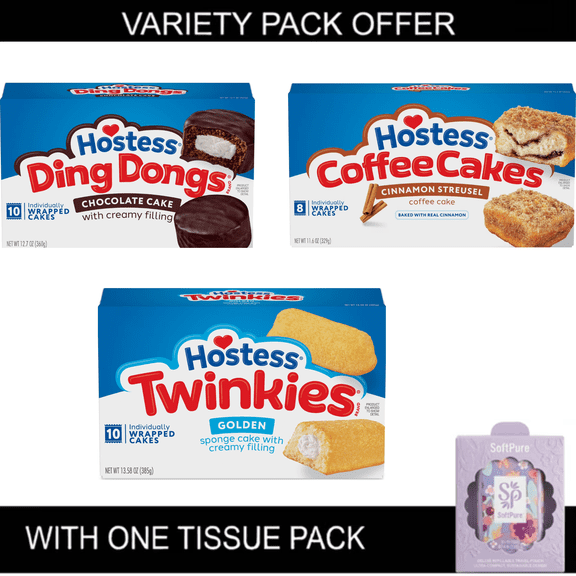Hostess Snack Cakes 3-Box Variety Pack (Chocolate Ding Dongs 10 Ct, Cinnamon Coffee Cakes 8 Ct & Golden Vanilla Twinkies 10 Ct) Includes 1 Tissue Pack
