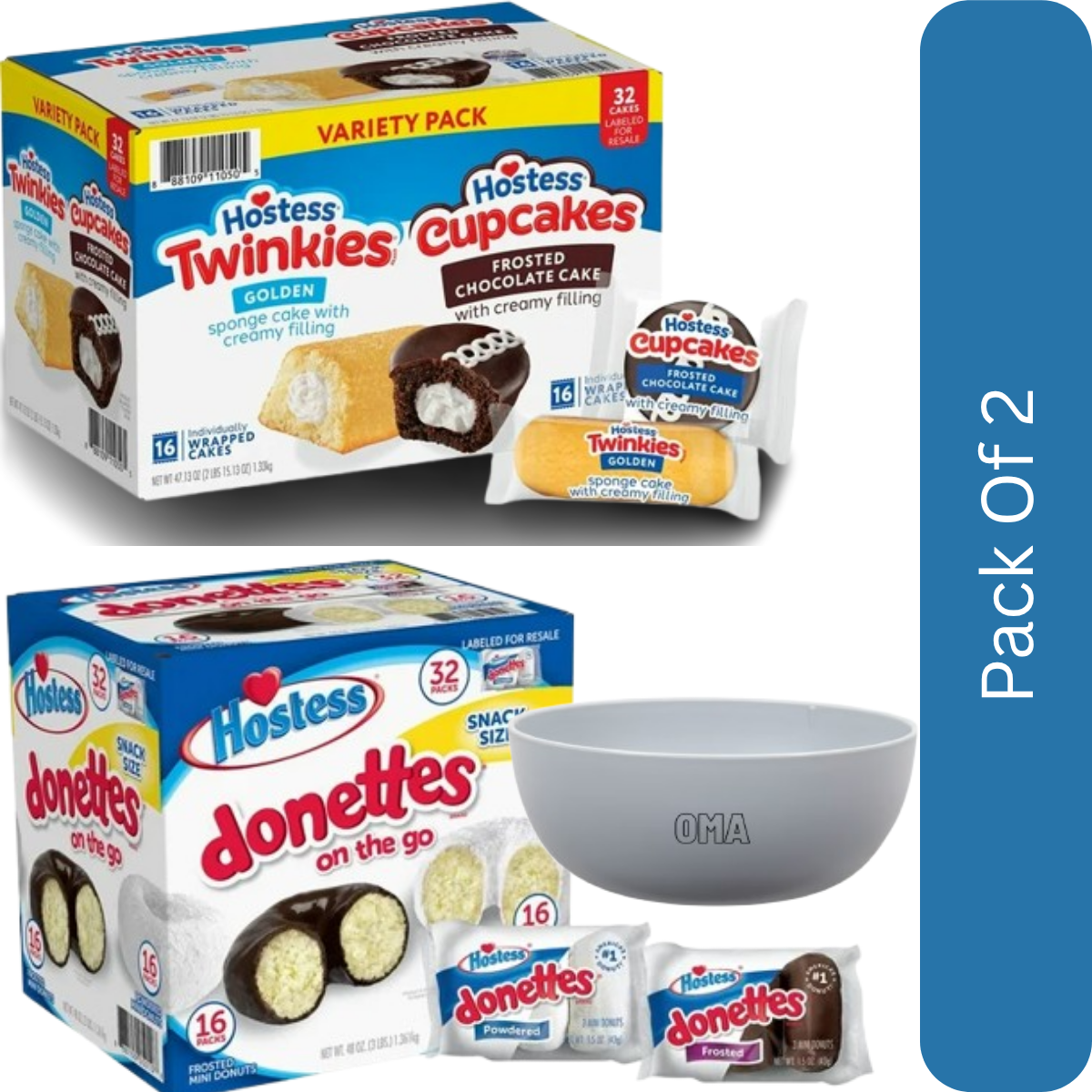 Hostess Snack Variety Pack – Donettes & Twinkies (32 ct each)-2pk, With Olive White Bowl By OMA
