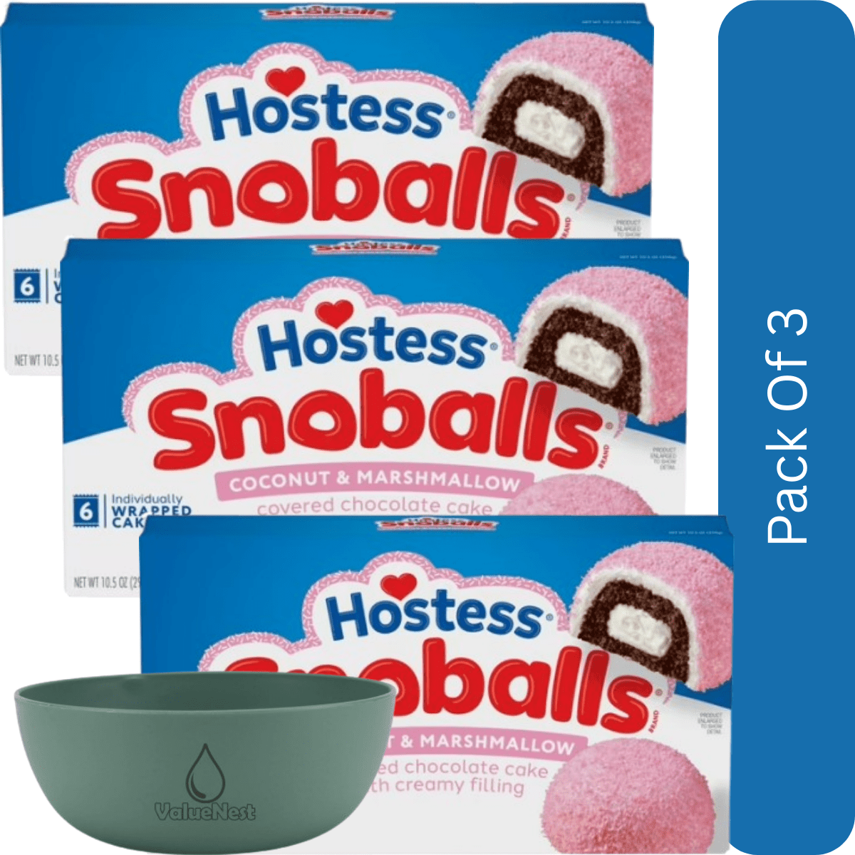 Hostess Snoballs Snack Cakes, Coconut & Marshmallow Covered Chocolate Cake, 10.5 oz Box (6 Ct.)-3pk, With Olive Green Bowl By ValueNest ,