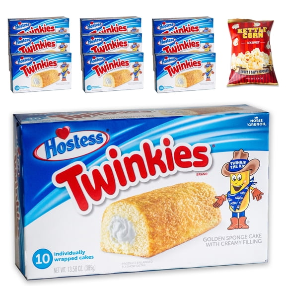 Hostess Twinkies (10pks - 100 twinkines) - Gourmet Sweet and Salty Kettle Popcorn (1, 5.5oz bag) - Delicious Snack Bundle - 11 Items Total