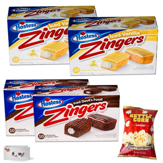 Hostess Zingers Combo - Iced Vanilla (10ct, 2 pk) - Devil's Food (10ct, 2pk) - Sweet & Salty Kettle Popcorn (1, 5.5oz bag) - Bundled by Noblecrunch - 5 Items Total