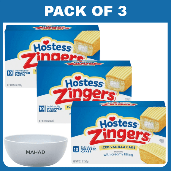 Hostess Zingers Snack Cakes, Artificially Flavored Iced Vanilla Cake, 12.7 oz Box (10 Count)-3 pack-with Bowl