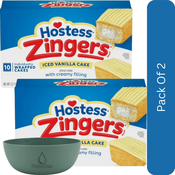 Hostess Zingers Snack Cakes, Artificially Flavored Iced Vanilla Cake, 12.7 oz Box (10 Ct.)-2pk, With Olive Green Bowl By ValueNest