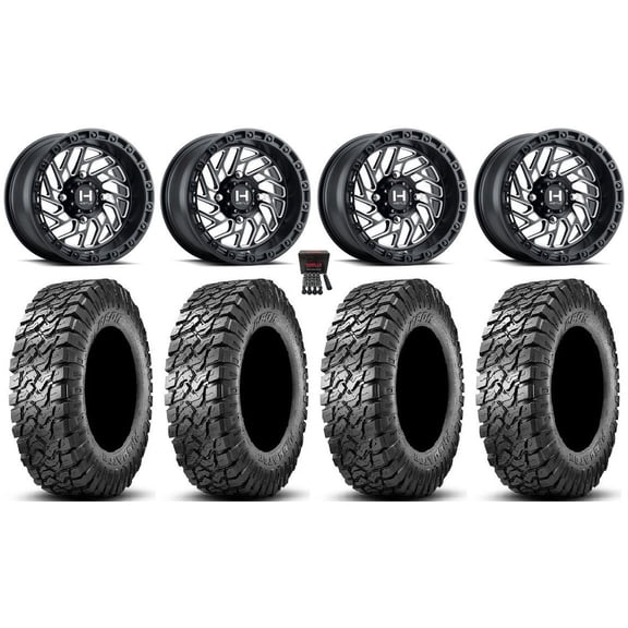 Hostile Jigsaw 15" Wheels Milled 34" Predator Tires Kawasaki Mule Pro FXT