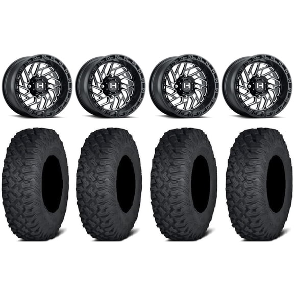 Hostile Jigsaw 15" Wheels Milled 35" Coyote Tires Kawasaki Mule Pro FXT