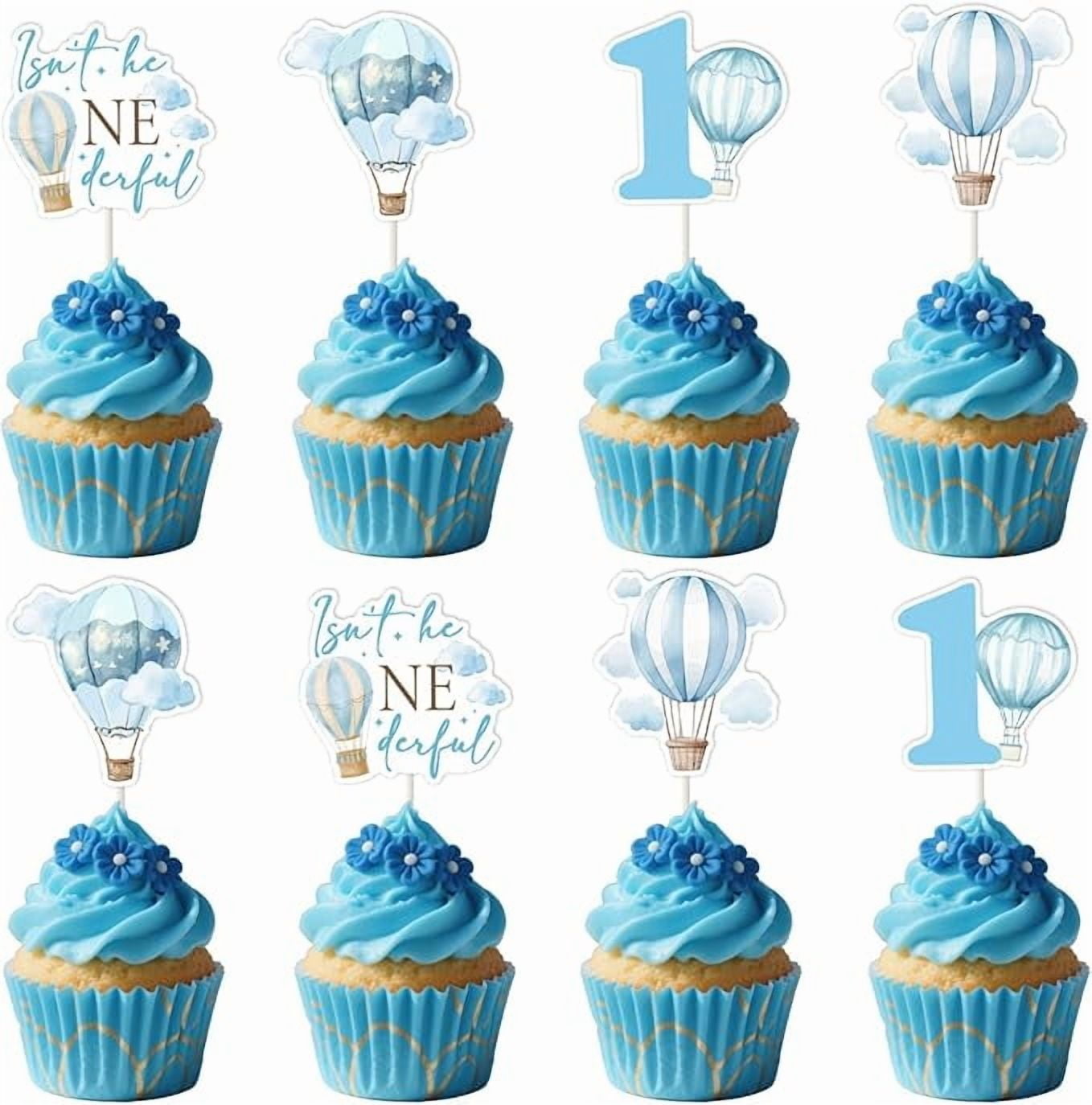 Hot Air Balloon 1st Birthday Decorations 24pcs Blue Isn't He Onederful Cupcake Toppers for Boy Clouds Hot Air Balloon Cake Decors Travel World Airplane Travel Adventure First Birthday Party Supplies