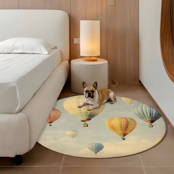 Hot Air Balloon 3ft Round Rug for Bathroom Accent Bedside Corner, Sky Clouds Washable Non Slip Circle Area Rug for Small Spaces