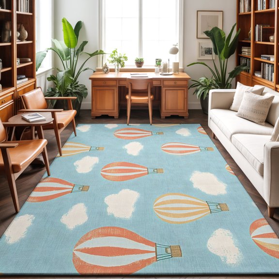Hot Air Balloon 8'x10' Large Area Rug for Living Room Sectional Sofa, Vintage Sky Clouds Rustic Nostalgic Washable Non Slip Low Pile Rectangle Area Rug