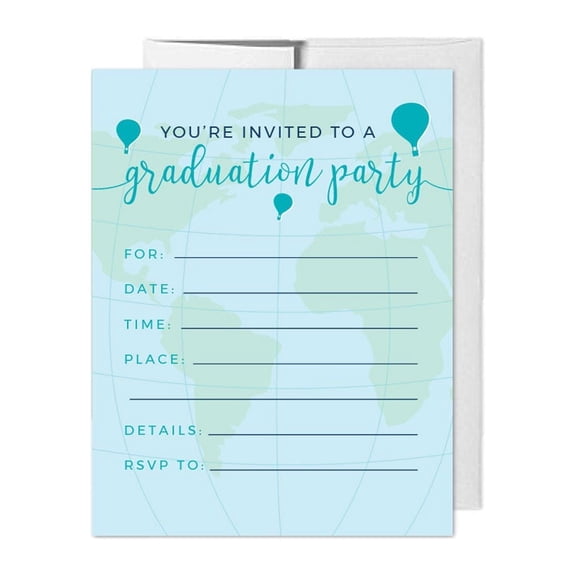 Koyal Wholesale Hot Air Balloon World Map Party Paper Invitations, Blue Green, Blank Cards with Envelopes, 20-Pack