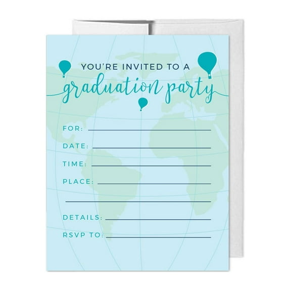 Hot Air Balloon Adventure World Map Party, Blue Green, Blank Invitations with Envelopes, 20-Pack