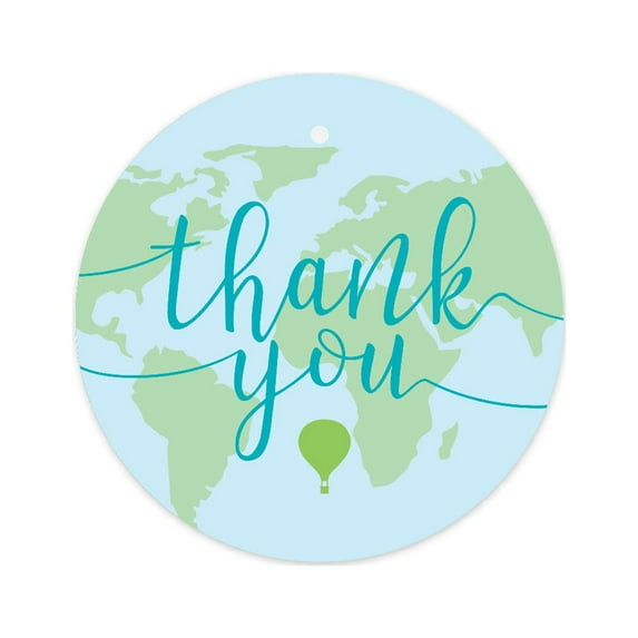 Hot Air Balloon Adventure World Map Party, Blue Green, Round Circle Gift Tags, Thank You! 24-Pack