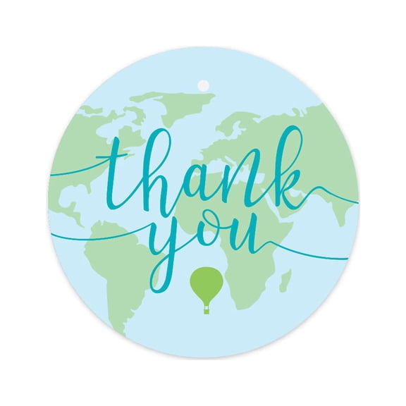 Hot Air Balloon Adventure World Map Party, Blue Green, Round Circle Gift Tags, Thank You! 24-Pack