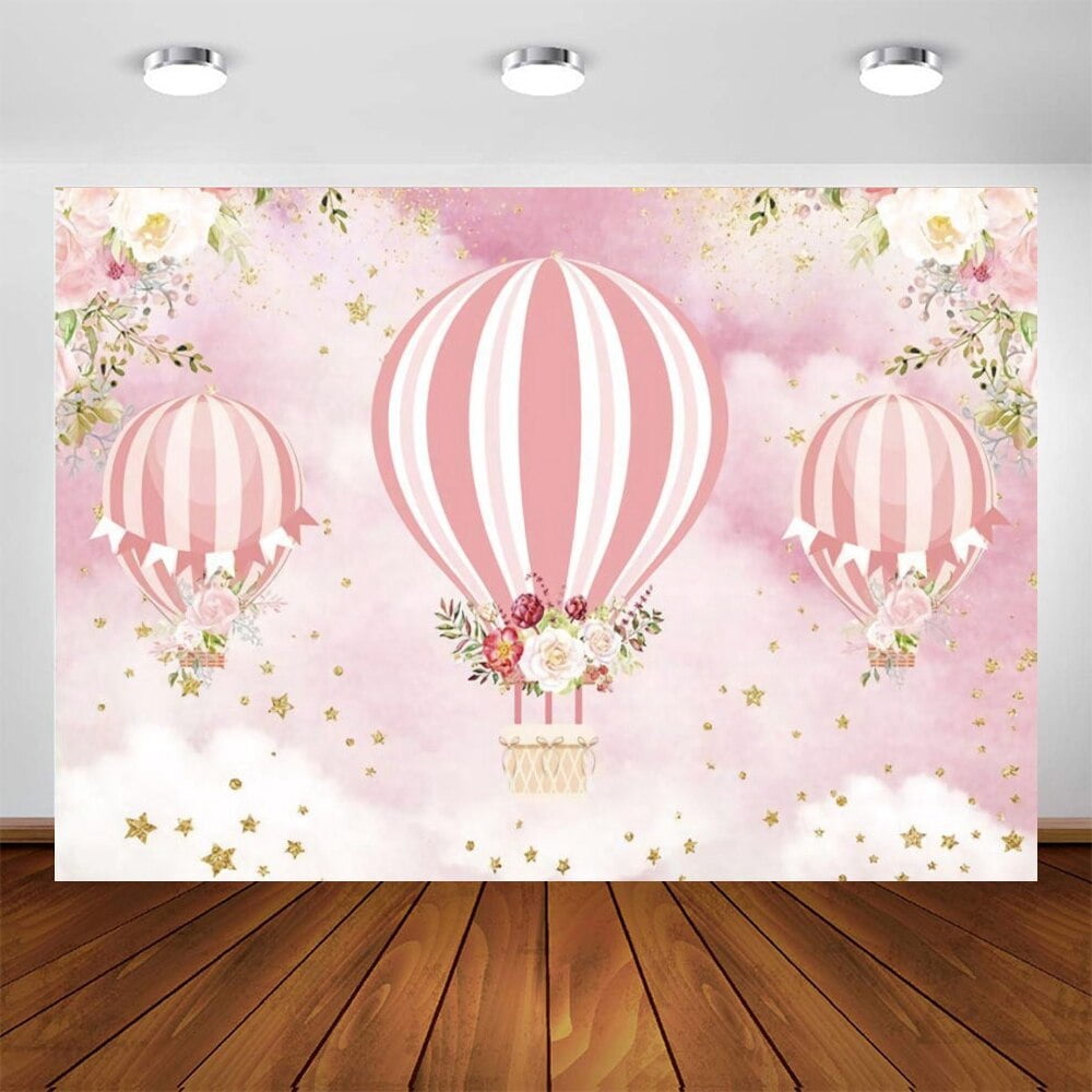 Hot Air Balloon Backdrops Newborn Baby Pink Flowers Stars Birthday
