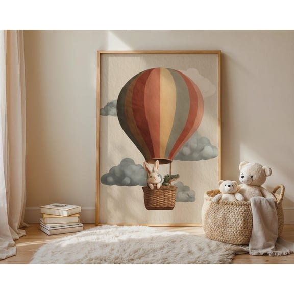 Hot Air Balloon Bunny Wall Art Print, Unframed Paper Poster 8x10in