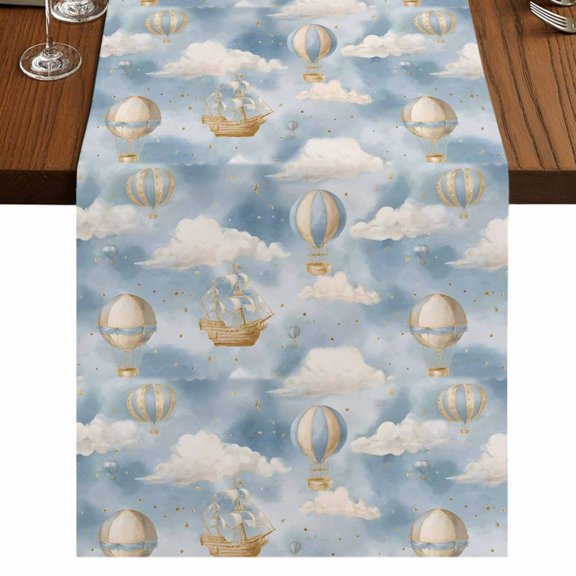Hot Air Balloon Burlap Cotton Table Runner 13x36 Inches Short, Cute Cartoon Blue Watercolor Farmhouse Table Runners, Outdoor Dining Tablecloths Decor for Baby Shower/Party/Wedding