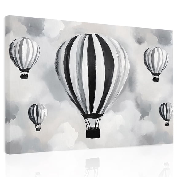Hot Air Balloon Canvas Print Wall Art, Modern Black White Striped Balloon Cloud Sky Wall Decor Framed Artwork Paintings Pictures for Living Room Bedroom Stretched Ready to Hang, 12" x 16"