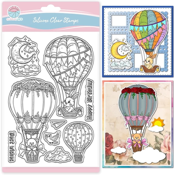 Hot Air Balloon Clear Stamp for Scrapbooking Animals Bear Silicone Stamps Rabbit Flower Transparent Stamp for Card Making DIY Embossing Journaling Mixed Color