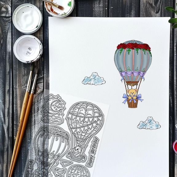 Hot Air Balloon Clear Stamp for Scrapbooking Animals Bear Silicone Stamps Rabbit Flower Transparent Stamp for Card Making DIY Embossing Journaling
