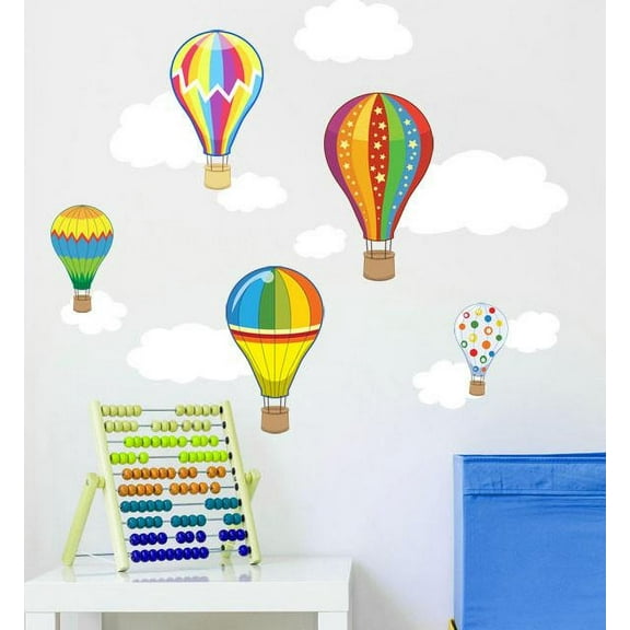 Hot Air Balloon Cloud Wall Decals Includes Colorful Yellow Red Blue (5) Balloons 5"-8" (9)Clouds 4"-13.5"