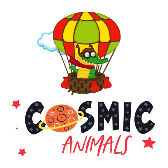 Hot Air Balloon Cosmic Animals adventure in SkyWall Decal Decoration Cosmic Animals Adventurous Cartoon Cartoon Space Decorating Ideas for Child's Bedroom Size: 9 In(W) x 10 In(H)