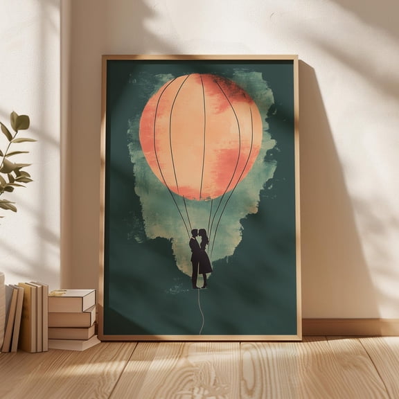 Hot Air Balloon Couple Sunset Romantic Illustration Decor Wall Art