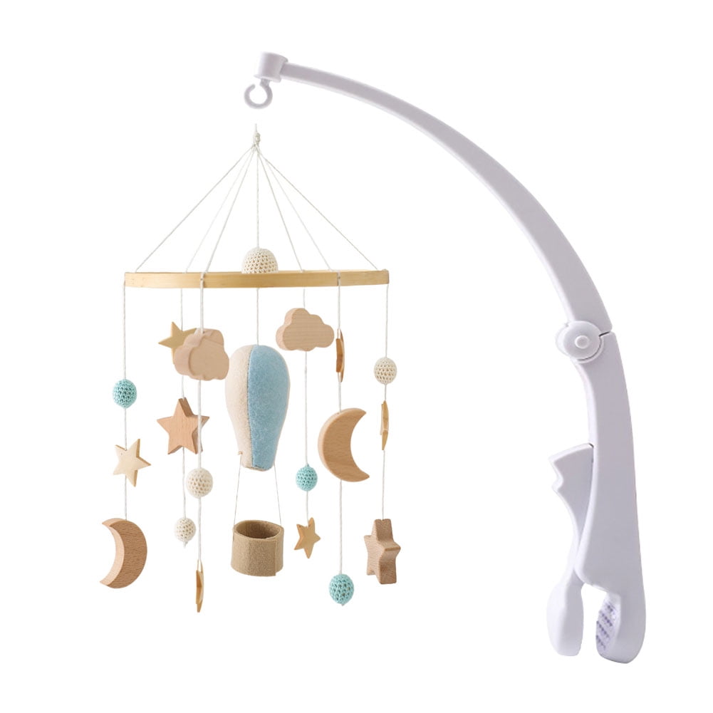 Hot Air Balloon Crib Bell – Rotating Wooden Baby Bed Bell with Stars, Moon & Cloud Pendants, Hanging Wind Chime for Newborn Nursery