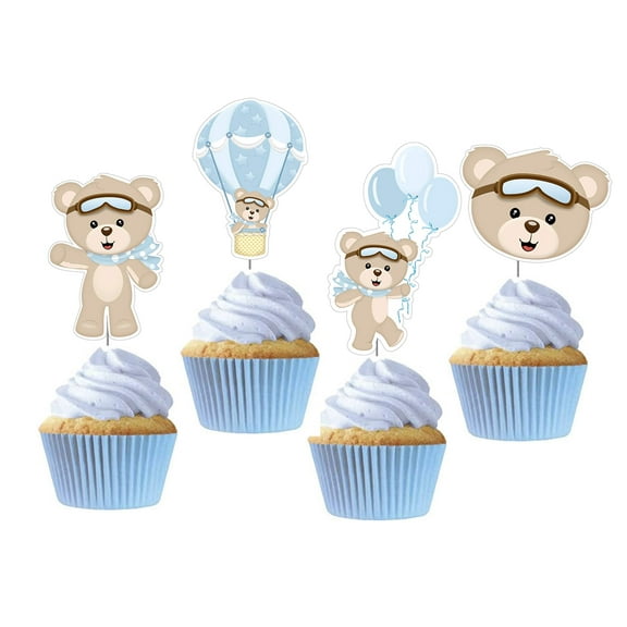 Hot Air Balloon Cupcake Toppers, 12 count, for Birthday Party, Blue Bear Cake Picks Decor, Aviator Fly Away Baby Shower Themed, Boy Up Up and Away Party Supplies, Blue Rings