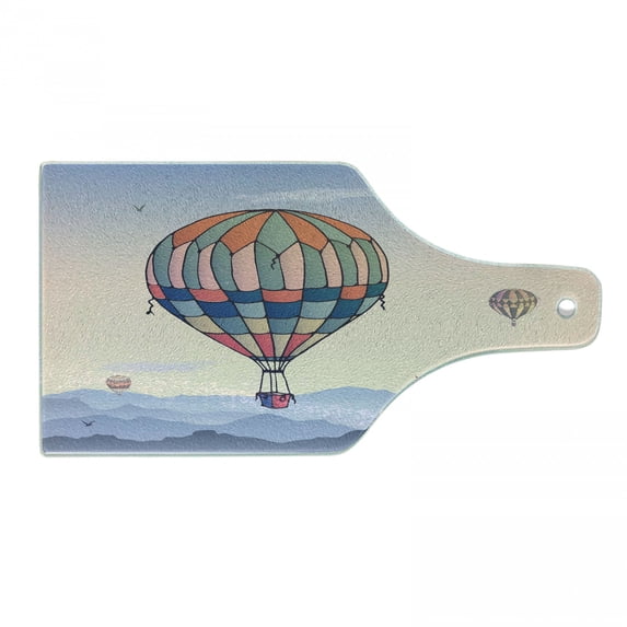 Hot Air Balloon Cutting Board, Travel Adventure Gradient Mountains Cartoon Airship Journey Illustration, Decorative Tempered Glass Cutting and Serving Board, in 3 Sizes, by Ambesonne