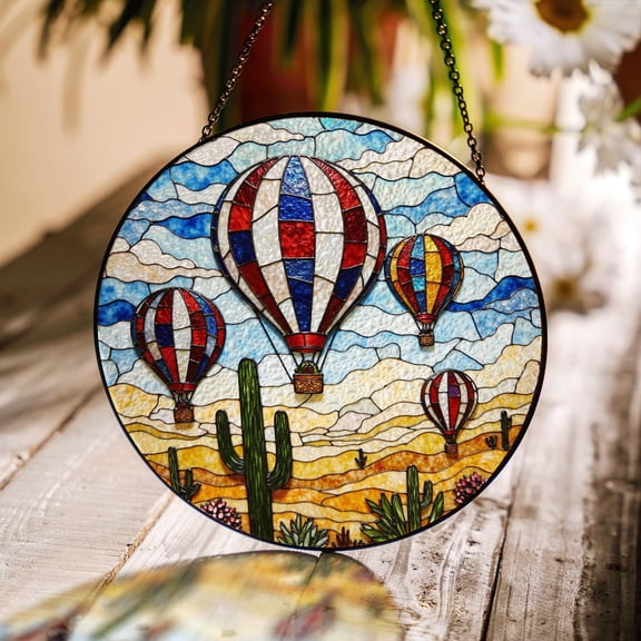 Hot Air Balloon Desert Glass Suncatcher, Colorful Landscape Window Art, Traveler, 6.3 in