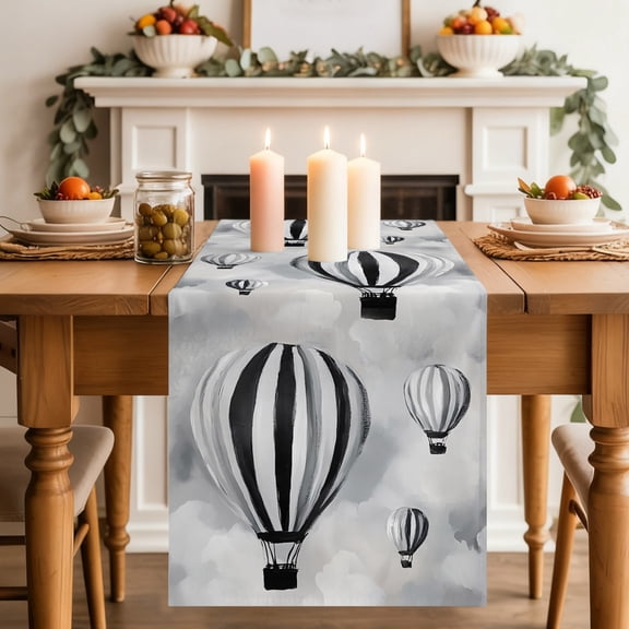 Hot Air Balloon Dining Table Runner, Modern Black White Striped Balloon Cloud Sky Washable Table Runners Kitchen Coffee Table Center Decor for Home Party Holiday Wedding 13 x 36 Inches
