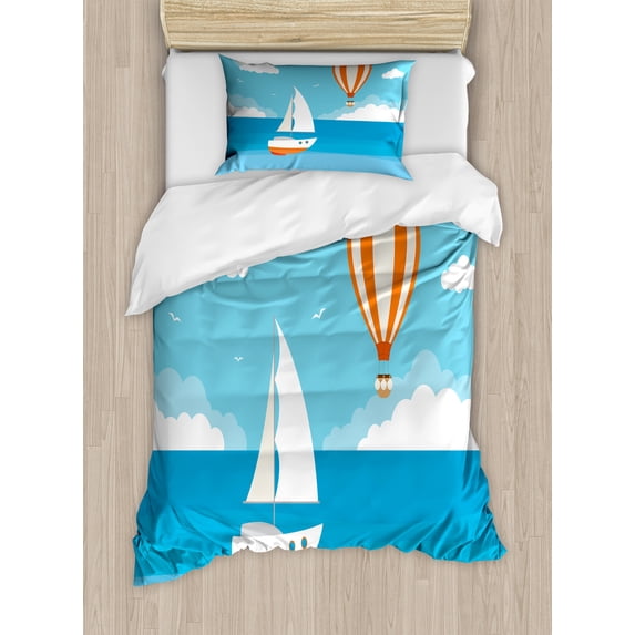 Hot Air Balloon Duvet Cover Set, Boat Holiday Sea Sky Transporation, Decorative 2 Piece Bedding Set with 1 Pillow Shams, Twin Size, Sky Blue Burnt Sienna, by Ambesonne