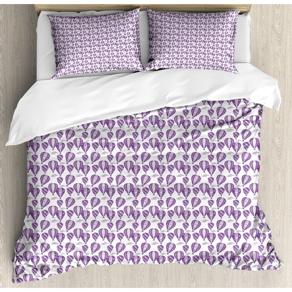 Hot Air Balloon Duvet Cover Set, Sky Transporation Vehicles in Purple Tones Repetitive Pattern, Decorative 3 Piece Bedding Set with 2 Pillow Shams, Calking Size, Mauve Quartz and Lilac, by Ambesonne