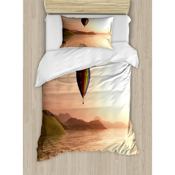 Hot Air Balloon Duvet Cover Set, Sunset Seaside Landscape Mountains Waves Reflection, Decorative 2 Piece Bedding Set with 1 Pillow Shams, Twin Size, Pale Peach Dark Peach, by Ambesonne