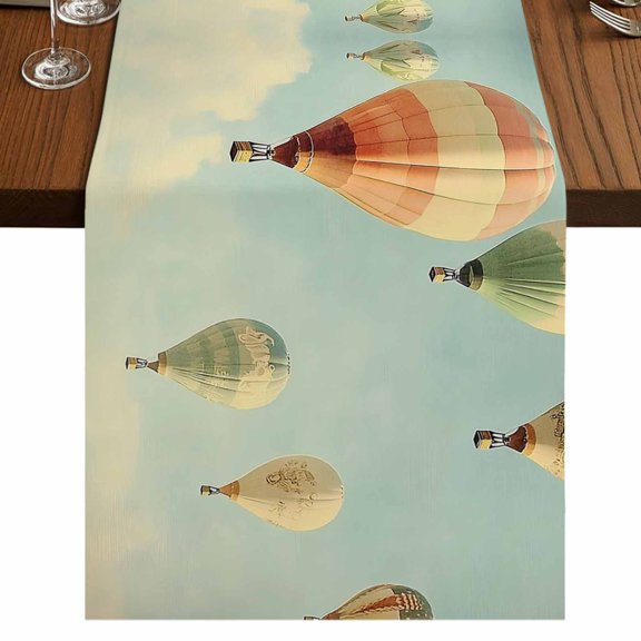 Hot Air Balloon Flying 48 Inch Table Runner, Vintage Modern Balloon Farmhouse Dresser Scarf Cotton & Linen Tablerunner for Dining/Kitchen Island/Holiday Party Décor 13" x 48"
