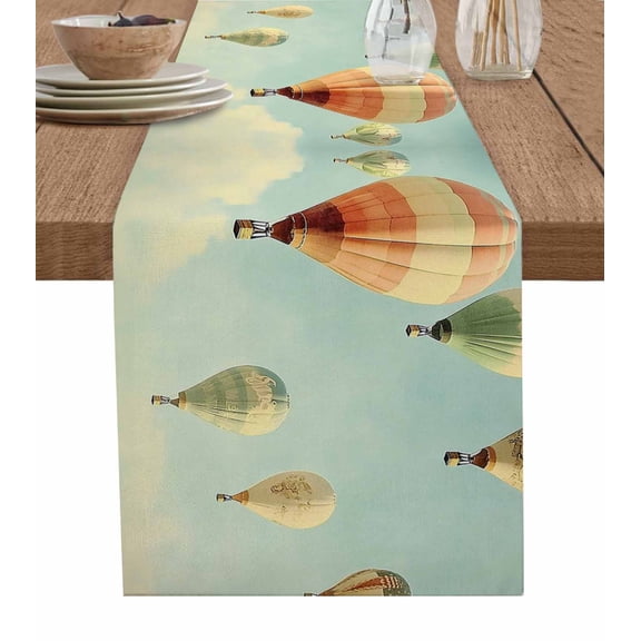 Hot Air Balloon Flying Burlap Cotton Table Runner 13x36 Inches Short, Vintage Modern Balloon Farmhouse Table Runners, Outdoor Dining Tablecloths Decor for Baby Shower/Party/Wedding