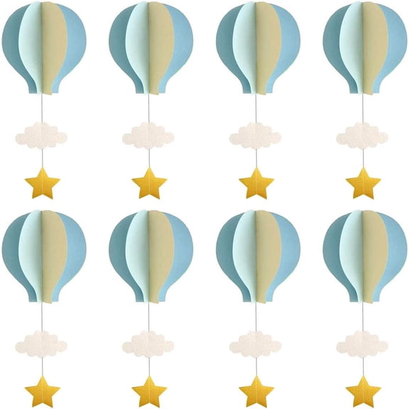 Hot Air Balloon Garland Decorations - 8 Pack Large Size Pastel Cloud Hot Air Balloon 3D Paper Garland Hanging Decorations for Wedding, Birthday, Baby Shower, Christmas Party - Blue