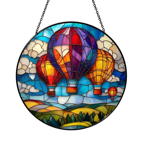 Hot Air Balloon Landscape Stained Glass Style Suncatcher Window Hanging Decor, Colorful Sky Decorative Glass Panel Art Window Ornament Scenic Home Decor Gift
