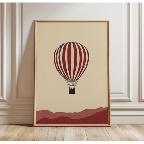 Hot Air Balloon Minimal Poster Print Retro Landscape Wall Art Travel Illustration