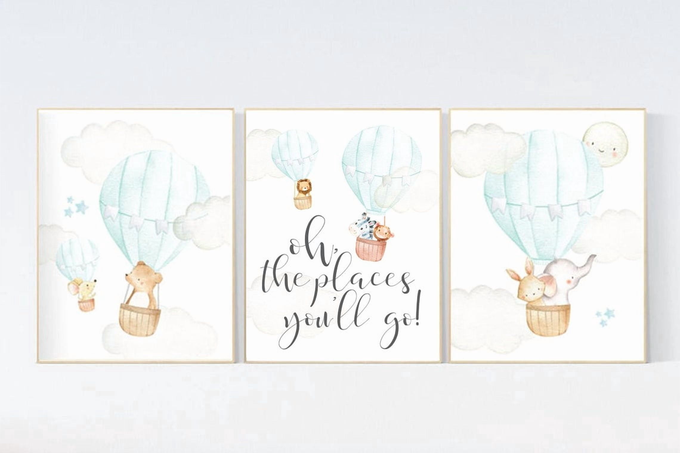 Hot Air Balloon Mint Green Woodland Animals Nursery Wall Art Print ...