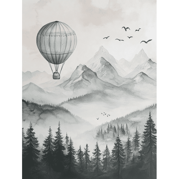 Hot Air Balloon Mountain Landscape Canvas Art Print Suitable for Living Room Bedroom Office Dining Room and Hallway Decoration.