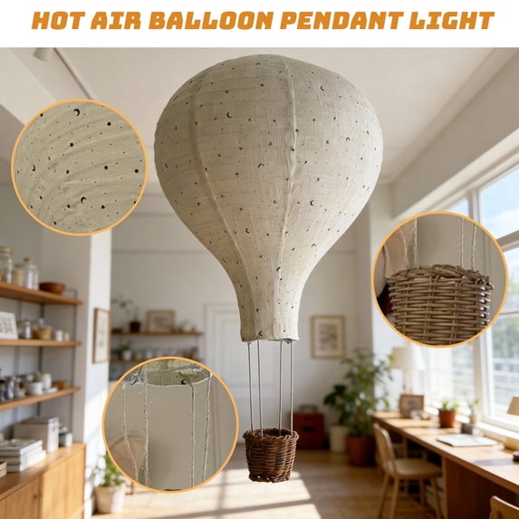 Hot Air Balloon Nursery decor, Boho Hanging Lamp with Star decorations, Moon Wall decor, 1 Fabric Balloon, 1 Woven Basket, 4 Ropes, Adhesive Hooks for Hanging, Ceiling decorations