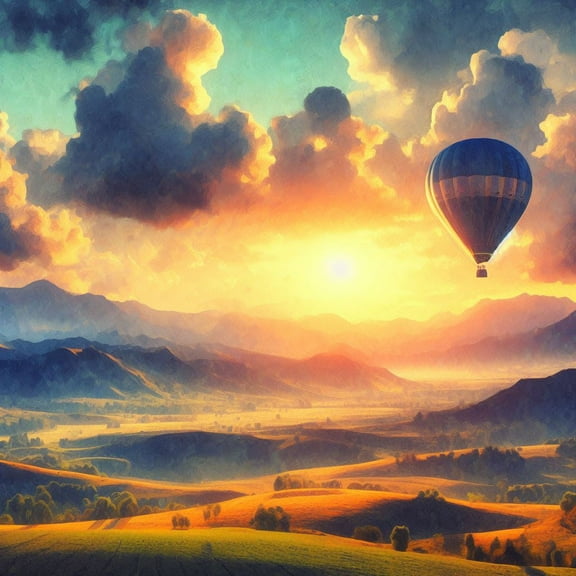 Hot Air Balloon Over A Landscape Digital Painting - 12" x 18" Art Print Wall Decor