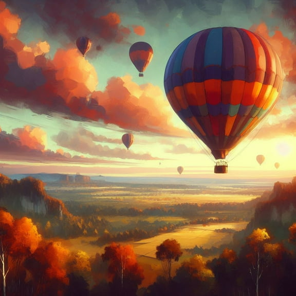 Hot Air Balloon Over A Landscape Digital Painting II - 12" x 18" Art Print Wall Decor
