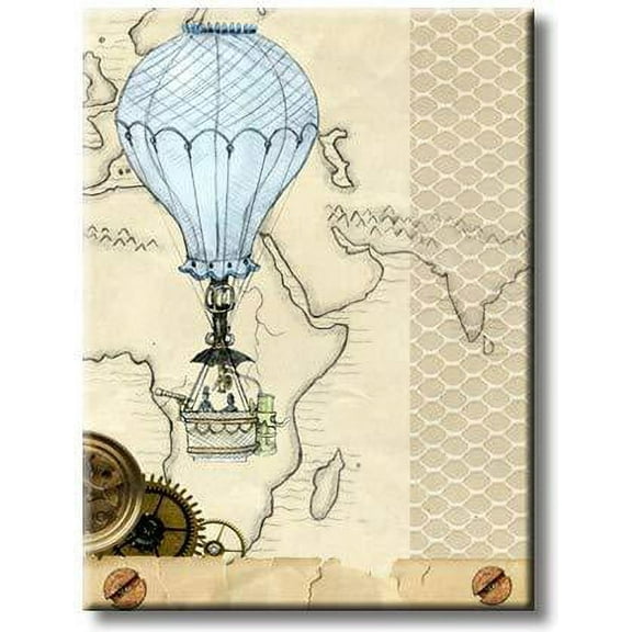 Hot Air Balloon Over World Map Vintage Picture on Stretched Canvas, Wall Art Dcor, Ready to Hang