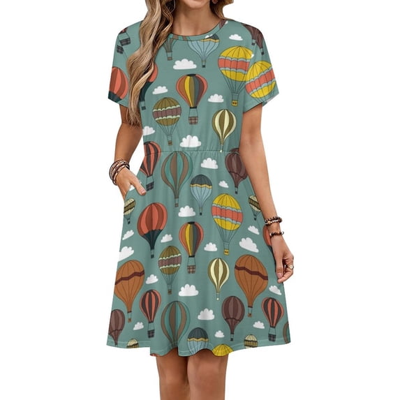 Hot Air Balloon Pattern Sky Dress Summer Street Style Dresses Female Short Sleeve Printed Sundress