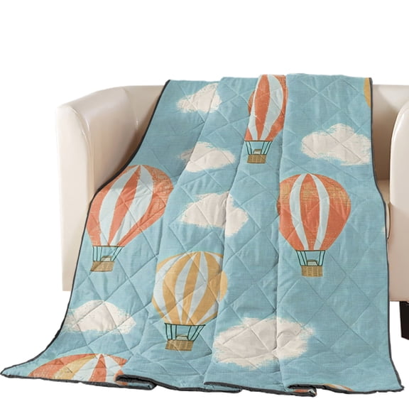 Hot Air Balloon Quilted Comforters Cooling Blanket Oversized King Size, Vintage Sky Clouds Rustic Nostalgic Cold Comfort for Hot Sleepers Lightweight Air Conditioning Quilt Blanket for Bed