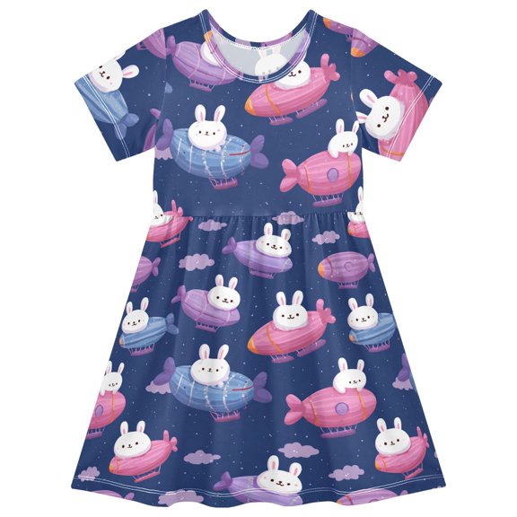 Hot Air Balloon Rabbit Short Sleeve Dress A-Line Cute Midi Casual Sundress 2-8 Years